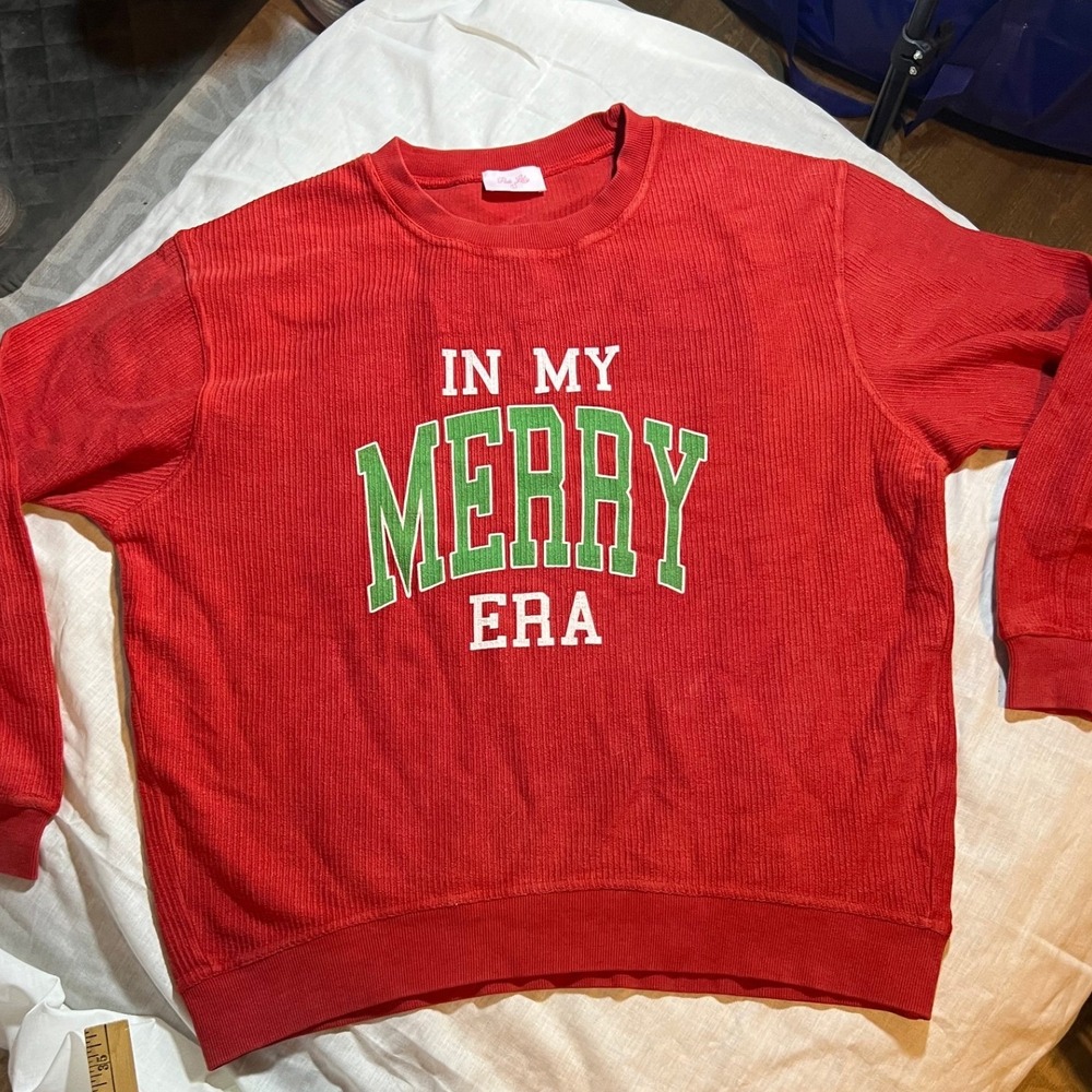 Pink Lily Holiday Red Corduroy "In My Merry‎ Era" Sweatshirt Women's Size L